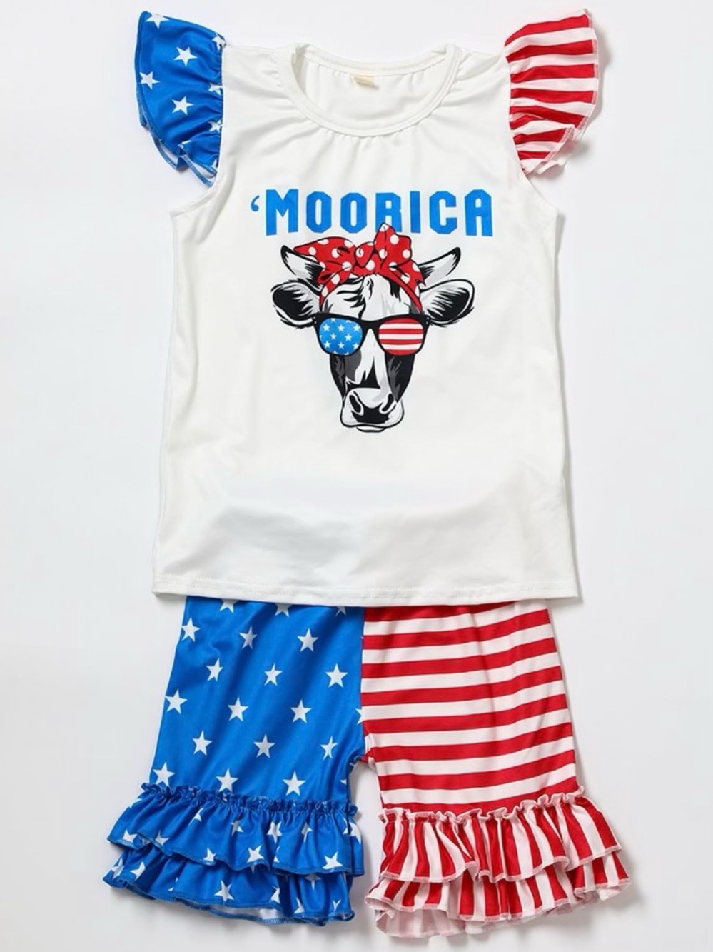 Girl’s Boutique 'Moorica' Cow Graphic Two Piece Set - White, Red & Blue